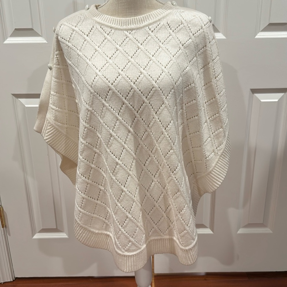 Talbots Ivory Pointelle Sweater Poncho Cotton Blend Pullover Enamel Buttons
